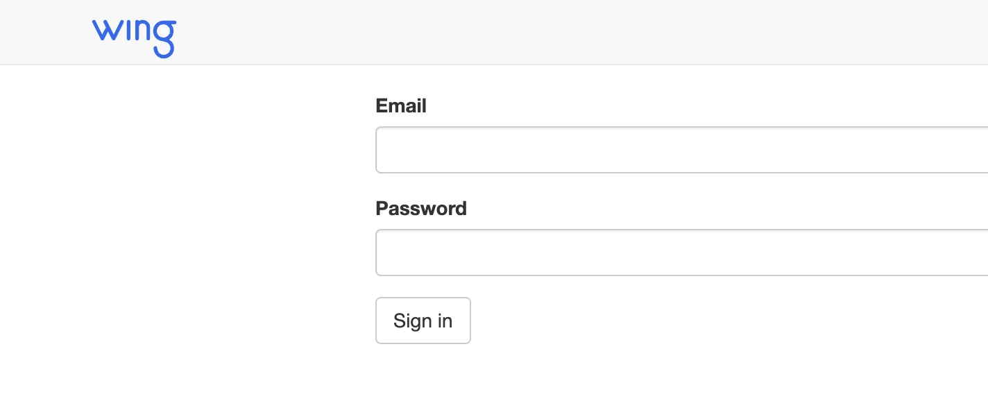 Wing Dash sign-in screen with email and password fields