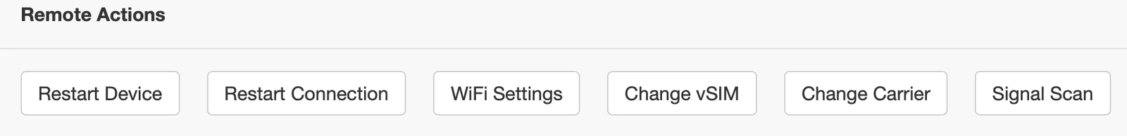 Remote Actions bar: Restart Device, Restart Connection, WiFi Settings, Change vSIM, Change Carrier, Signal Scan