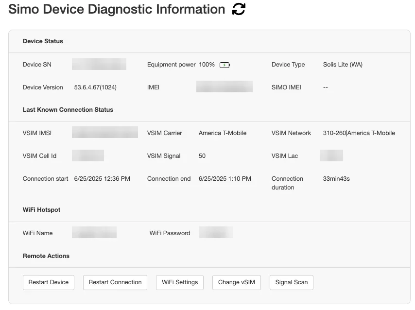 SIMO Device Diagnostic Information panel showing device status, last known connection status, WiFi hotspot details and remote actions